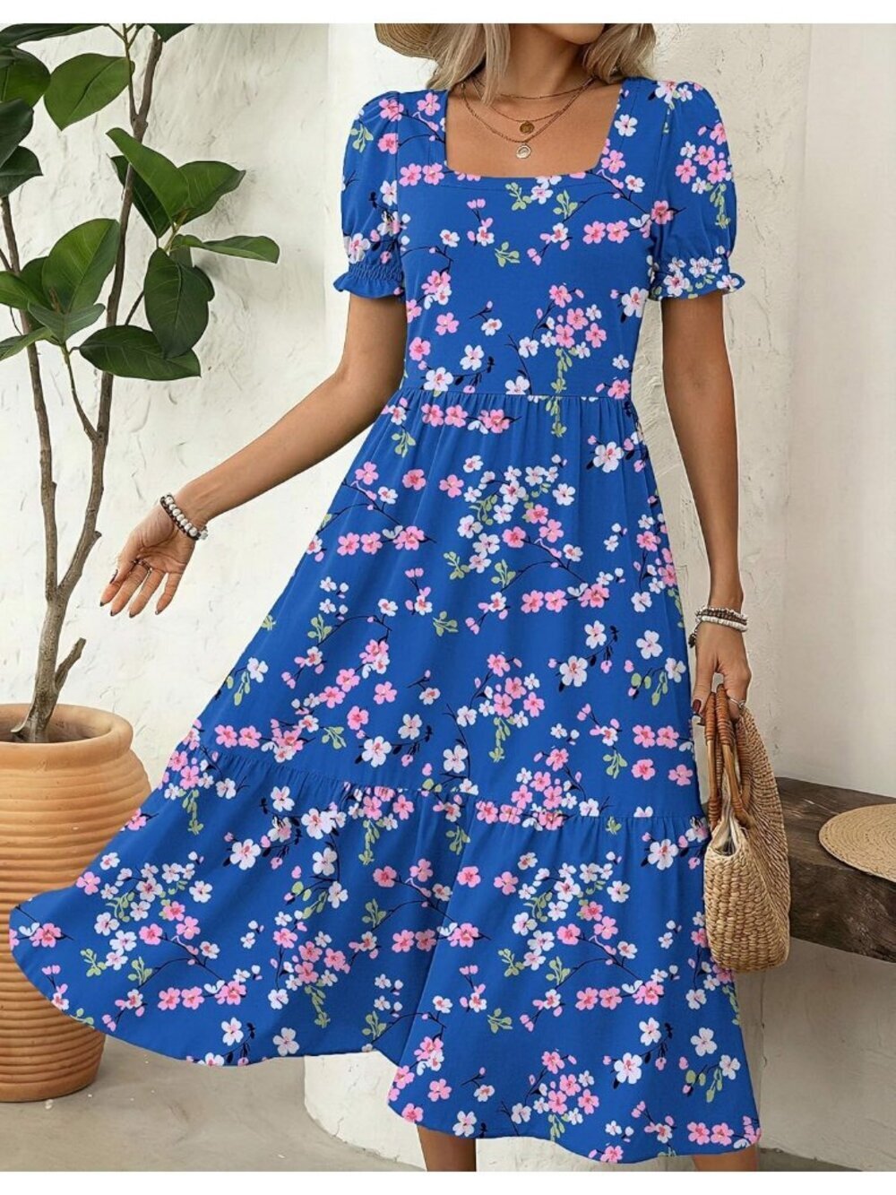 Zeagoo Women's Floral  Printed Flowy Casual Short Sleeve Tiered Midi Maxi Dress - Picture 5 of 6